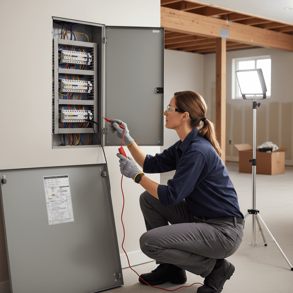 electrician looking at circuit breaker panel