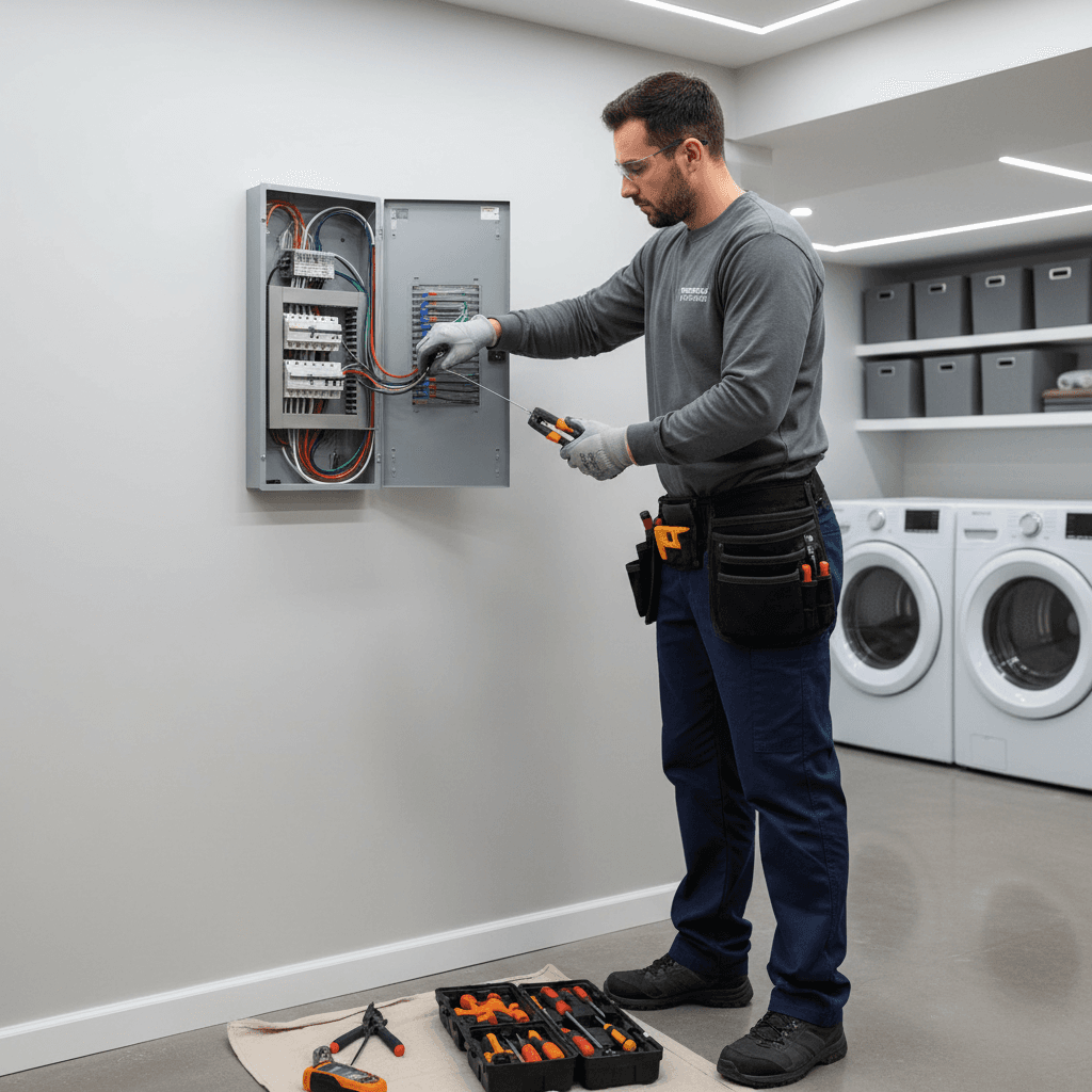 Electrician’s hands working on an open breaker panel with screwdriver and wires