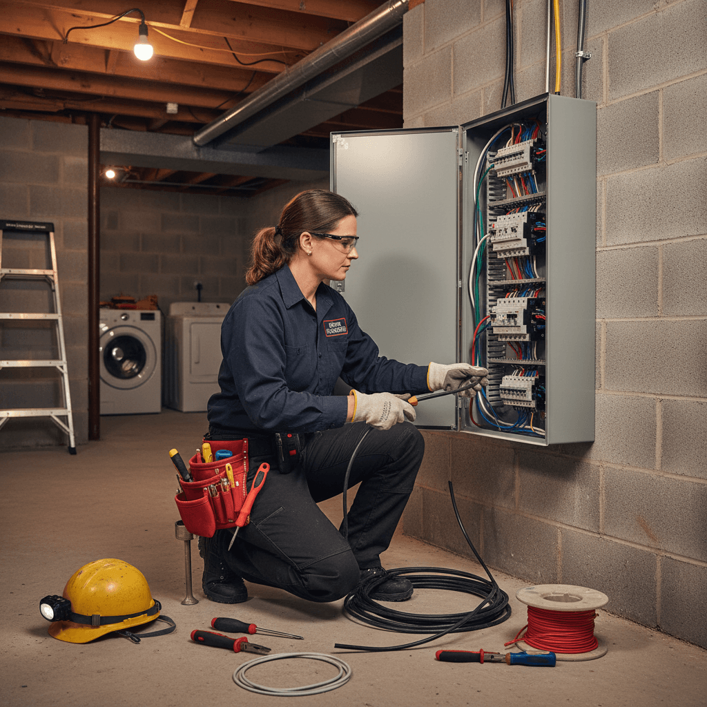 Licensed electrician working on an electrical panel in a residential basement