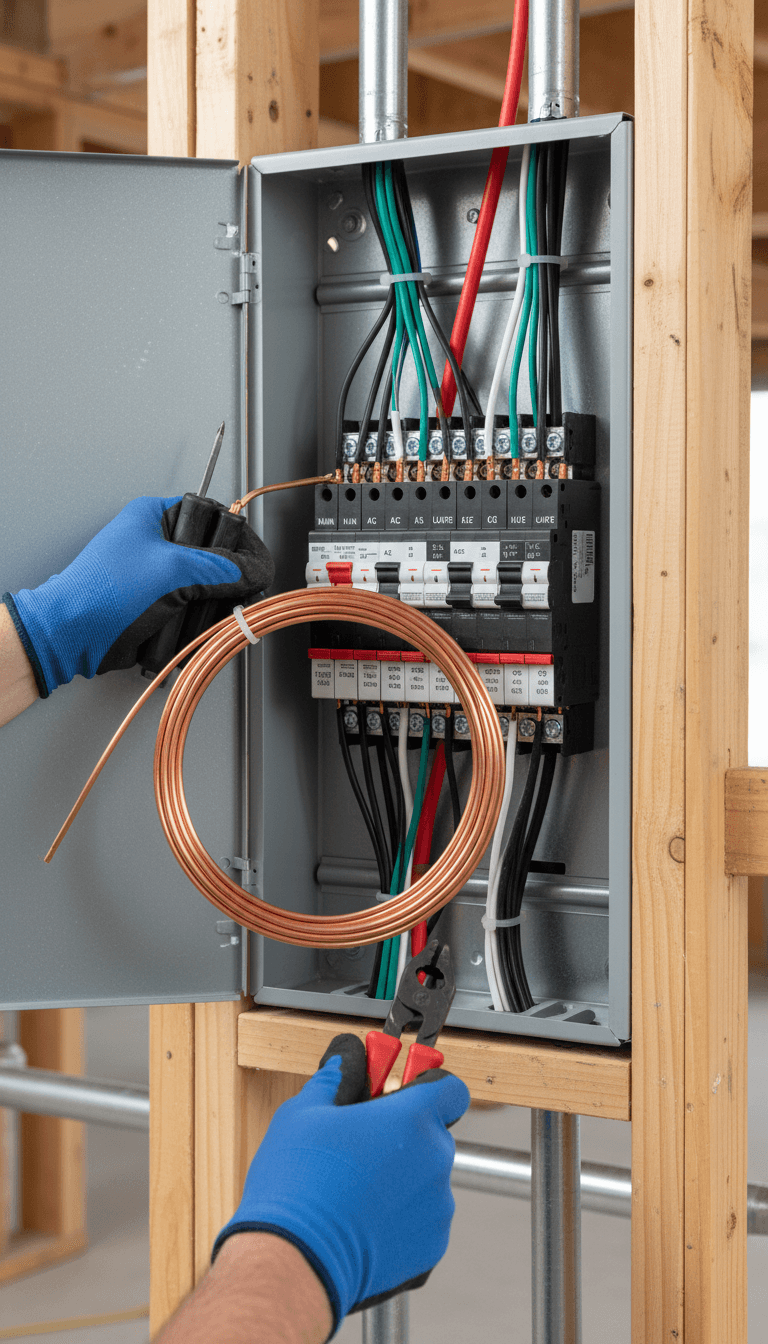 Close-up of copper wiring and a new breaker panel being installed