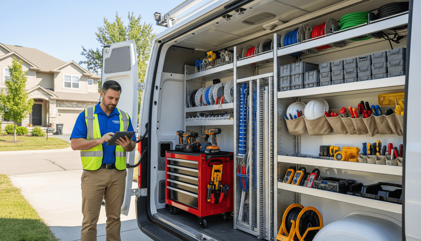 licensed electrician in work van with equipment organized in compartments