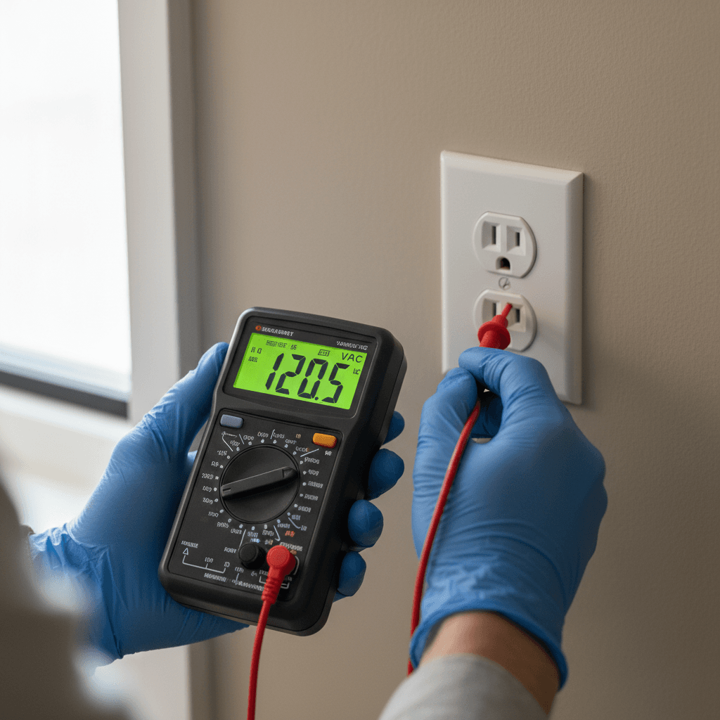 electrician using multimeter to test voltage at a residential wall outlet