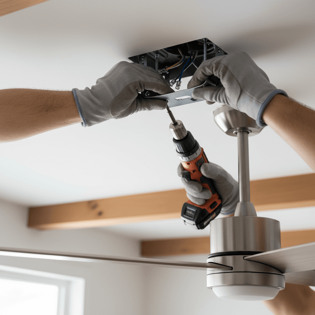 electrician securing ceiling fan motor to metal bracket on high ceiling