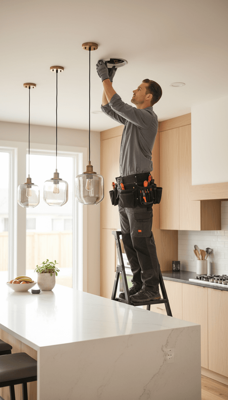 recently installed pot lights and hanging pendant lamp in a home kitchen