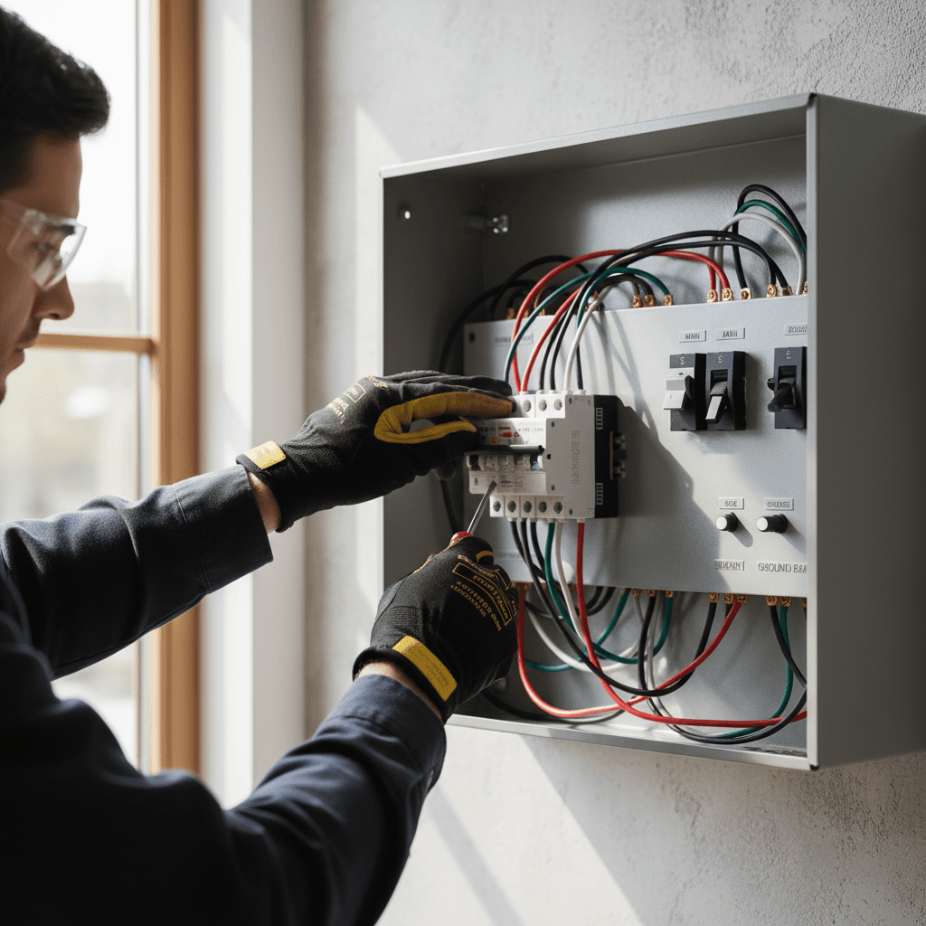 electrician opening a modern electrical breaker panel with screwdriver in hand