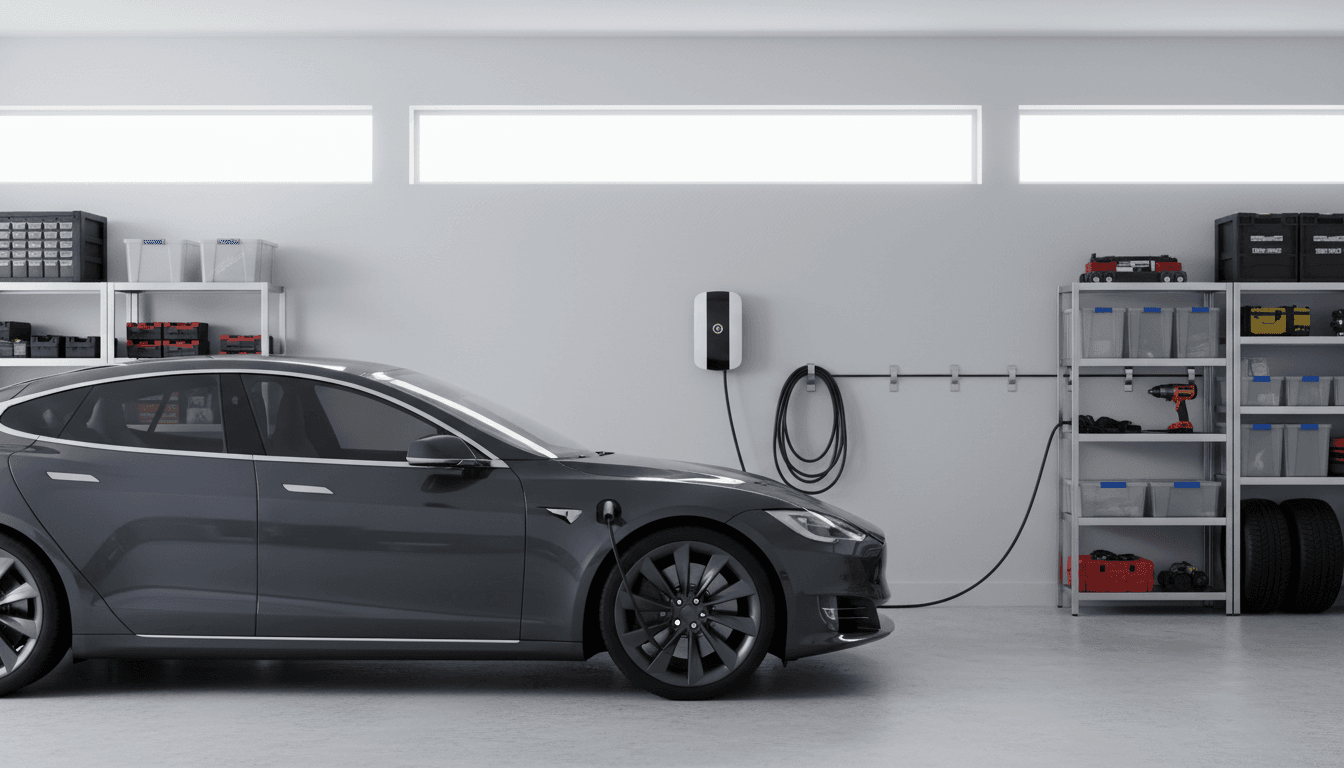 electric vehicle charging station mounted on wall in private garage
